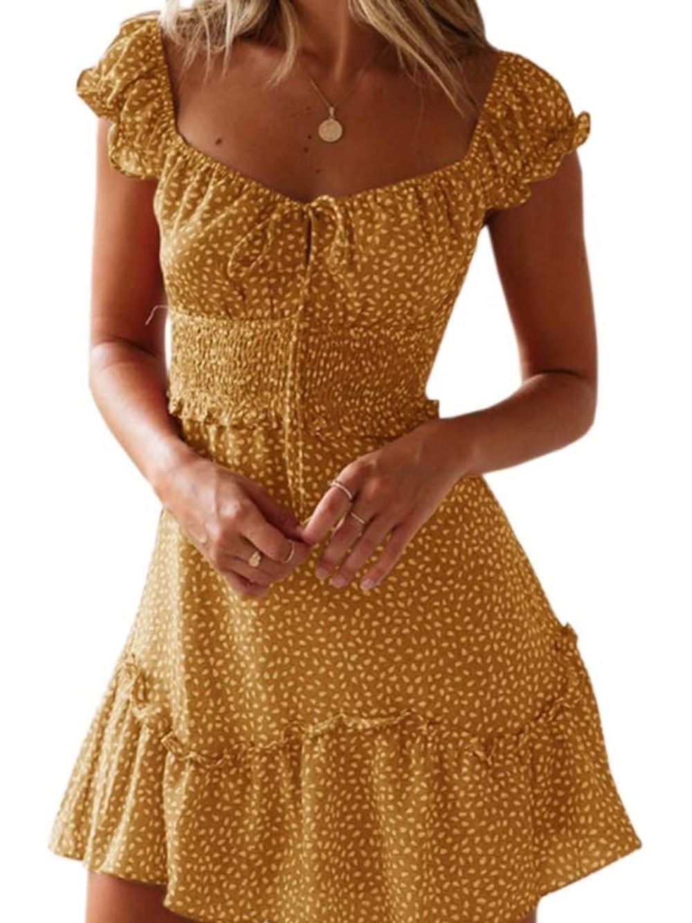 Echo Mustard Ditsy-Print Smocked Mini Dress